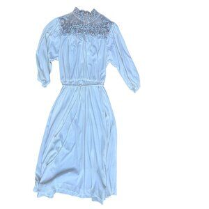 Vintage Ivory Midi Dress With Sheer Embroidered Lace Yoke & Pearl Buttons